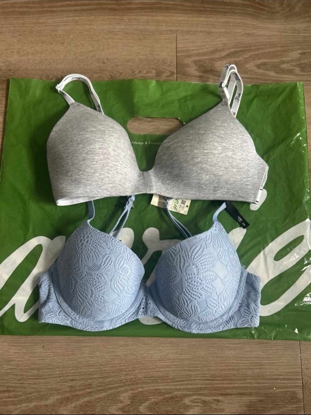 Light Blue Lace Push-Up Bra and Gray Seamless T-Shirt Bra